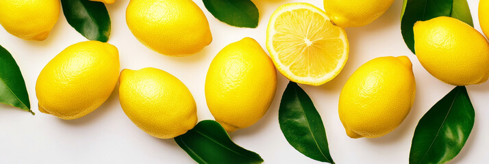 Wall Mural - A vibrant arrangement of fresh yellow lemons with green leaves, showcasing their juicy texture and zesty appeal. These lemons are perfect for adding a tangy touch to any dish or beverage.