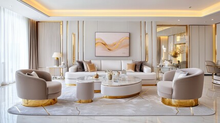 Poster - Luxurious living room with velvet furniture, marble accents, and gold decor, creating a glamorous and upscale ambiance.