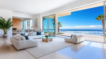 Poster - Oceanfront property with floor-to-ceiling glass windows, modern architecture, and a beautiful terrace for watching the waves.