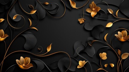 Poster - Opulent black background with golden floral patterns, creating an elegant and luxurious atmosphere for upscale events or designs.