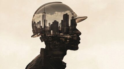 Poster - Double exposure of an engineer wearing a hard hat, with the city skyline and construction site superimposed, highlighting the relationship between workers and urban development.