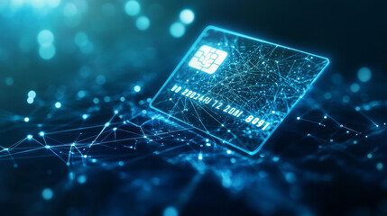 Poster - a futuristic credit card, made of glowing stars, lines, and triangles, stands out against a dark blu