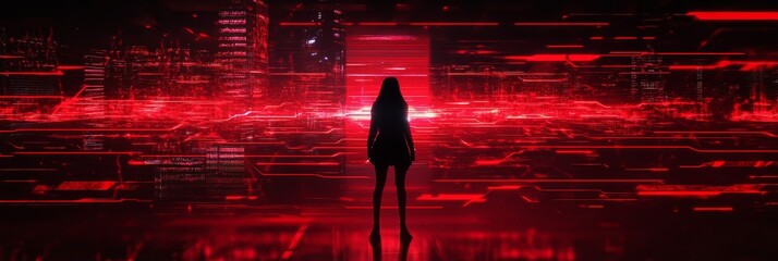 Canvas Print - A woman stands in a city made entirely of red lines and glitches. The city is futuristic and technological, representing the power of technology and the potential for both good and evil.