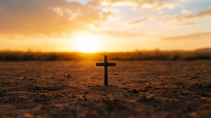 Sticker - A wooden cross stands tall in the middle of a desert landscape, bathed in the golden glow of a setting sun. This powerful image symbolizes faith, hope, and resilience in the face of adversity.