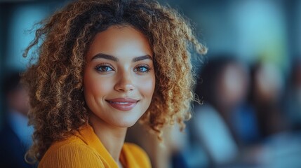 A young woman with curly hair and a warm smile is seated in a lively cafГ© filled with people. The morning light casts a cheerful ambiance as conversations buzz around her