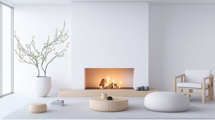 Poster - Scandinavian-style living room with a minimalist fireplace, simple decor, and light wood accents, creating a serene, warm space.