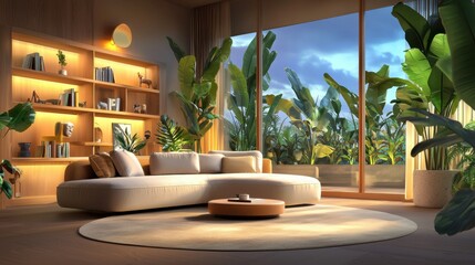 Poster - Spacious living room with a cozy sofa, plush rug, and indoor plants, complemented by a large bookshelf and soft lighting for a relaxing atmosphere.