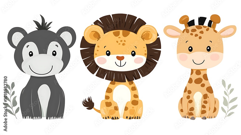 Cute Cartoon Safari Animals Monkey Lion Giraffe Illustration Clipart ...
