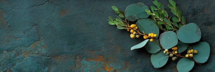 Canvas Print - Abstract Green Floral Sculpture on Stone,  a minimal composition featuring eucalyptus leaves, yellow flowers, and stone, symbolizes nature, growth, balance, serenity, and renewal.