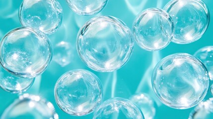 Poster - A cluster of transparent bubbles gently floats against a calming turquoise backdrop, reflecting light and creating a serene atmosphere suitable for relaxation and tranquility