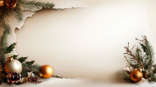 Vintage Christmas frame with distressed textures, classic ornaments, and muted holiday colors for a nostalgic holiday design.