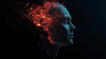 Fototapete - A detailed depiction of a human silhouette fragmented into glowing particles, creating a stunning visual of transformation and energy in a dark setting