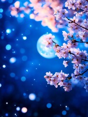 Sticker - Cherry Blossoms Under the Full Moon, A beautiful night scene with cherry blossoms blooming under a full moon, symbolizing beauty, hope, new beginnings, spring, and nature.