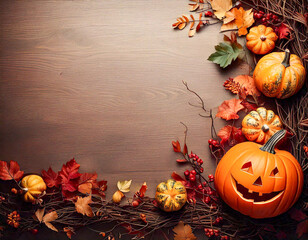 Autumn border with pumpkins, vines and leaves