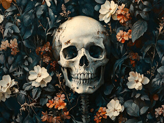  a skeleton intertwined with flowers, a blend of life and death.