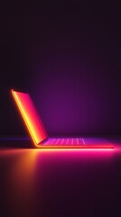 Poster - A laptop with a bright orange screen is on a dark background