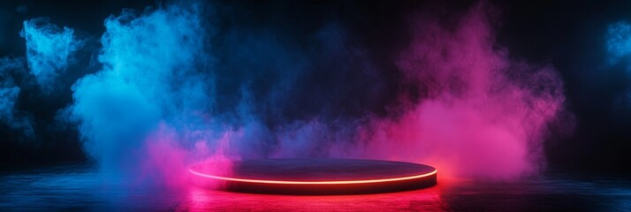 Canvas Print - Futuristic empty podium illuminated by vibrant neon lights and swirling smoke.  Perfect for product display or showcasing artwork.