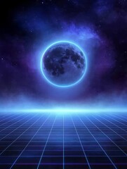 Futuristic cyberpunk scene with a glowing moon and a neon grid background.  Synthwave, retro, space, 80s, futuristic