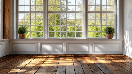 Poster - A spacious interior features expansive windows allowing warm sunlight to illuminate the wooden floor while lush greenery can be seen in the background, creating a serene atmosphere