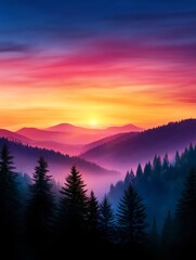 Poster - Serene Sunrise Over Lush Pine Forests and Rolling Hills, capturing the beauty of nature with vibrant colors, morning mist, towering trees, and majestic mountains.