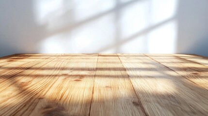 Poster - The warm sunlight streams through a window, creating delicate, dancing shadows across the wooden tabletop, emphasizing the natural texture and grain of the wood