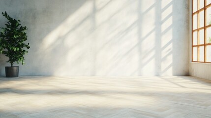 Poster - A sunlit interior features a minimalist design with wooden flooring and a green potted plant. The warm light creates soft shadows on the walls, enhancing the tranquil atmosphere