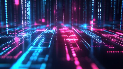 Fototapete - A dynamic digital environment showcases glowing neon lines and patterns in blue and pink. The visualization creates an immersive, futuristic ambiance reminiscent of advanced technology