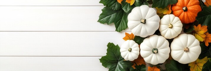 Sticker - White pumpkins and fall leaves arranged on a white wooden background, perfect for autumn and Thanksgiving themes.  Symbolizing harvest, cozy, nature, and seasonal change.