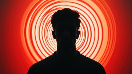 Fototapete - A person stands in silhouette, framed by bold red circular patterns that create a mesmerizing hypnotic effect. The contrasting colors enhance the dramatic atmosphere of the composition