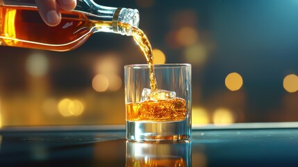 Poster - A bartender pouring a glass of whiskey from a bottle, with the warm amber liquid catching the light.