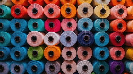 Poster - Rows of fabric rolls in bright colors neatly stacked along a wall in a textile factory, creating a colorful and vibrant backdrop.
