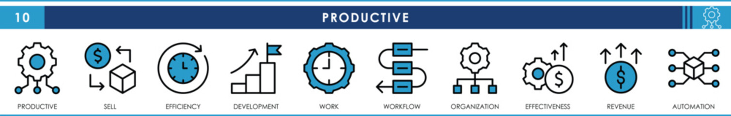 Poster - a set of line icons related to productive. sell, efficiency, development, workflow, organization, re