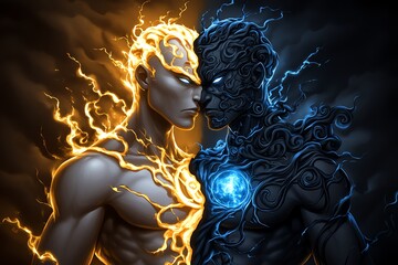Aufkleber - Fantasy artwork of a hero split into two versions of themselves, one glowing with divine light and the other surrounded by dark magic, representing the dualism of good and evil
