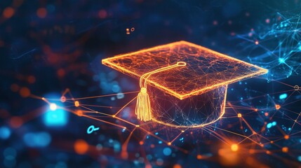 Poster - Virtual graduation cap connected to data streams, representing the growth of educational technology and online learning platforms.