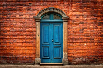 Antique blue European doorway on brick red wall