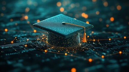 Poster - Virtual graduation cap connected to data streams, representing the growth of educational technology and online learning platforms.
