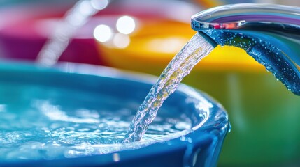 Poster - Vibrant Water Flowing from Modern Faucet into Bowl