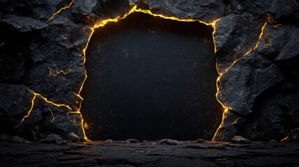 dramatic scene featuring cracked rock wall with glowing edges, creating intriguing opening. contrast between dark stone and bright light evokes sense of mystery and adventure