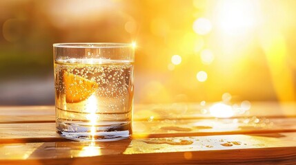 Poster - A close-up of a sparkling glass of water with condensation, placed on a wooden table, sunlight reflecting off the water.