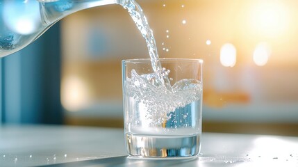 Poster - A close-up of a water glass being filled from a pitcher, water splashing slightly as it reaches the brim.