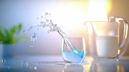 Poster - A crystal-clear glass of water being poured from a pitcher, with drops splashing and creating a refreshing effect.