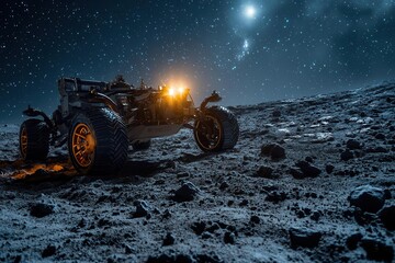 Wall Mural - lunar rover explores otherworldly moonscape under starry sky craggy craters dusty plains and distant