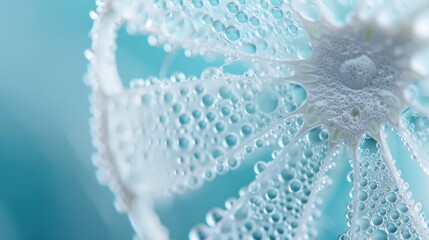 Minimalist view of a translucent konatsu fruit slice, soft powder blue background, tiny water drops, frosted glass blur, vibrant and detailed composition.