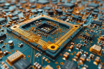 Poster - Close-up of a Corroded Circuit Board with Golden Traces