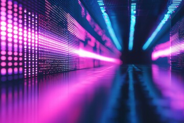 Poster - Colorful light rays transitioning through a digital tunnel, abstract futuristic design.