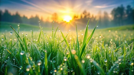 Asymmetrical green summer meadow with dew drops, sun, and fog