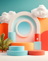 Fototapete - Serene 3D studio setting featuring blank white walls and floor a product stand a vivid gradient background and directional window light creating a shadow overlay