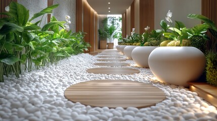 Poster - A long hallway with a white path and white planters with green plants