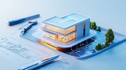Poster - Blueprint of a modern building with precise lines and annotations, surrounded by architectural tools in a sleek workspace