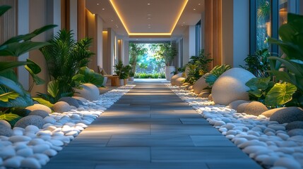 Poster - A long hallway with a green plant in the middle
